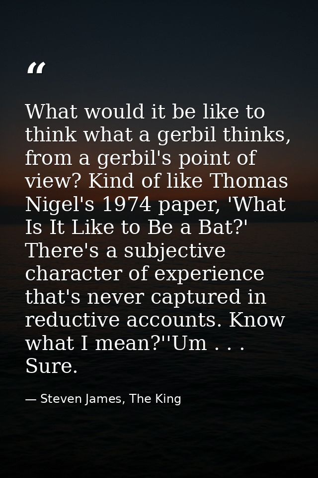 What would it be like to think what a gerbil thinks, from a gerbil's point of view? Kind of like Thomas Nigel's 1974 pap — Steven James, The King