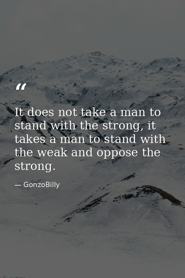 It does not take a man to stand with the strong, it takes a man to stand with the weak and oppose the strong. — GonzoBilly