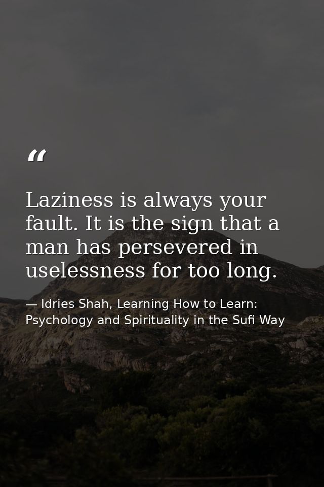 Laziness is always your fault. It is the sign that a man has persevered in uselessness for too long. — Idries Shah, Learning How to Learn: Psychology and Spirituality in the Sufi Way
