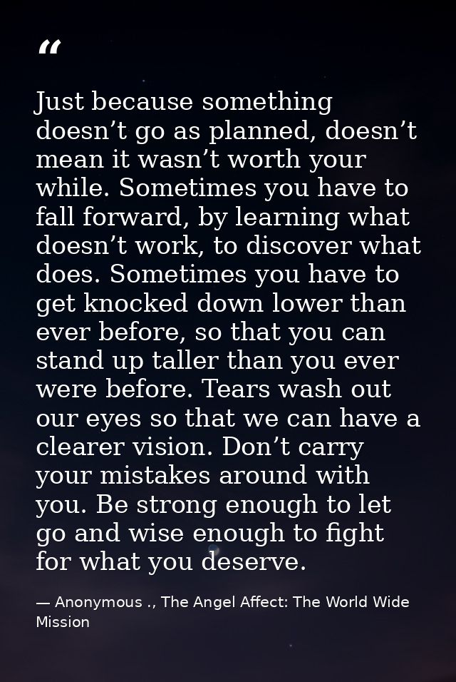 Just because something doesn’t go as planned, doesn’t mean it wasn’t worth your while. Sometimes you have to fall forwar — Anonymous ., The Angel Affect: The World Wide Mission