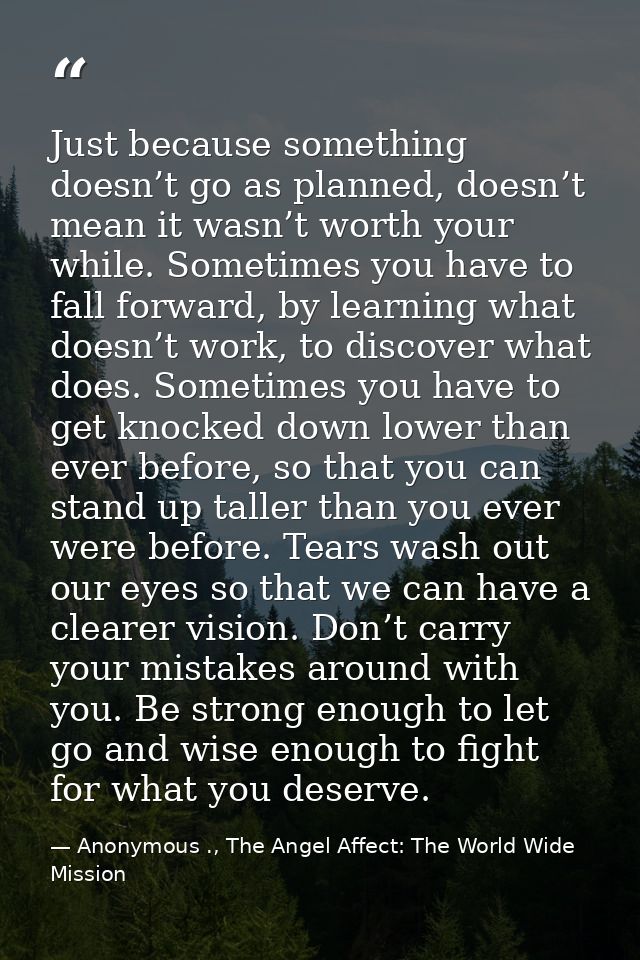 Just because something doesn’t go as planned, doesn’t mean it wasn’t worth your while. Sometimes you have to fall forwar — Anonymous ., The Angel Affect: The World Wide Mission
