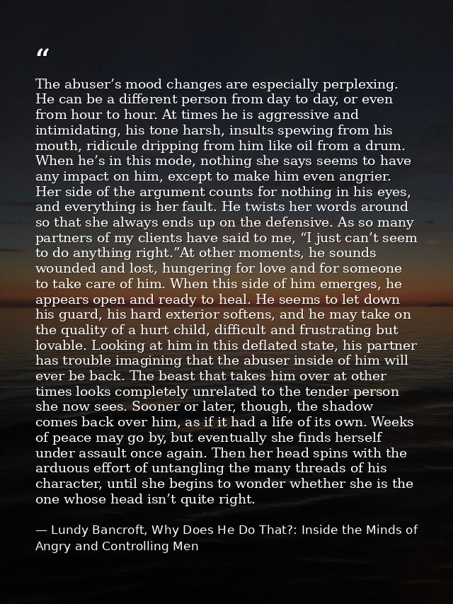 The abuser’s mood changes are especially perplexing. He can be a different person from day to day, or even from hour to  — Lundy Bancroft, Why Does He Do That?: Inside the Minds of Angry and Controlling Men