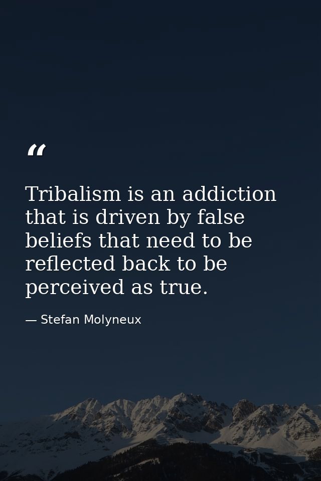 Tribalism is an addiction that is driven by false beliefs that need to be reflected back to be perceived as true. — Stefan Molyneux
