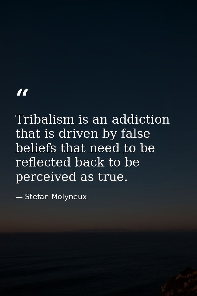 Tribalism is an addiction that is driven by false beliefs that need to be reflected back to be perceived as true. — Stefan Molyneux