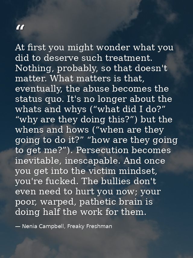 At first you might wonder what you did to deserve such treatment. Nothing, probably, so that doesn't matter. What matter — Nenia Campbell, Freaky Freshman