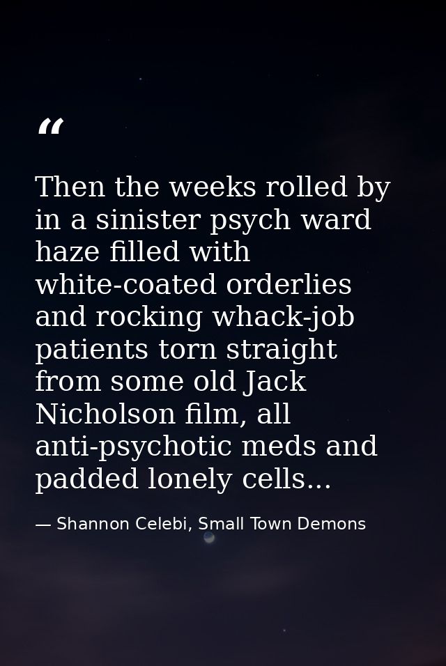 Then the weeks rolled by in a sinister psych ward haze filled with white-coated orderlies and rocking whack-job patients — Shannon Celebi, Small Town Demons