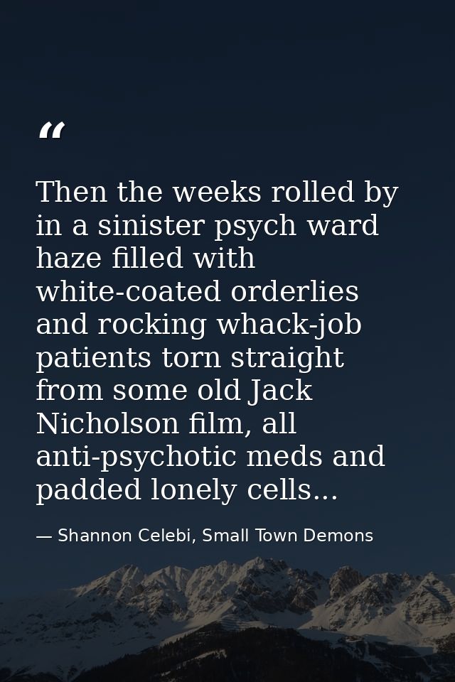 Then the weeks rolled by in a sinister psych ward haze filled with white-coated orderlies and rocking whack-job patients — Shannon Celebi, Small Town Demons