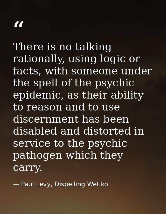 There is no talking rationally, using logic or facts, with someone under the spell of the psychic epidemic, as their abi — Paul Levy, Dispelling Wetiko