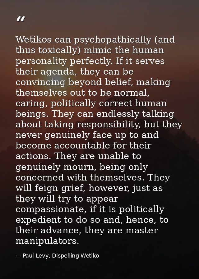 Wetikos can psychopathically (and thus toxically) mimic the human personality perfectly. If it serves their agenda, they — Paul Levy, Dispelling Wetiko