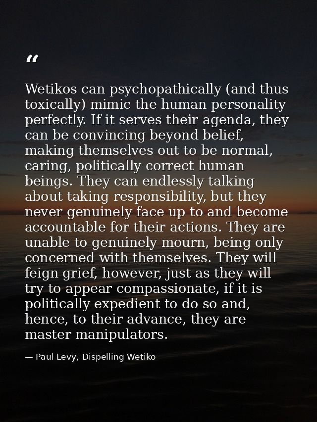 Wetikos can psychopathically (and thus toxically) mimic the human personality perfectly. If it serves their agenda, they — Paul Levy, Dispelling Wetiko