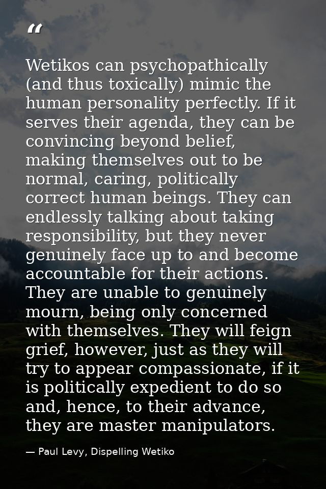 Wetikos can psychopathically (and thus toxically) mimic the human personality perfectly. If it serves their agenda, they — Paul Levy, Dispelling Wetiko