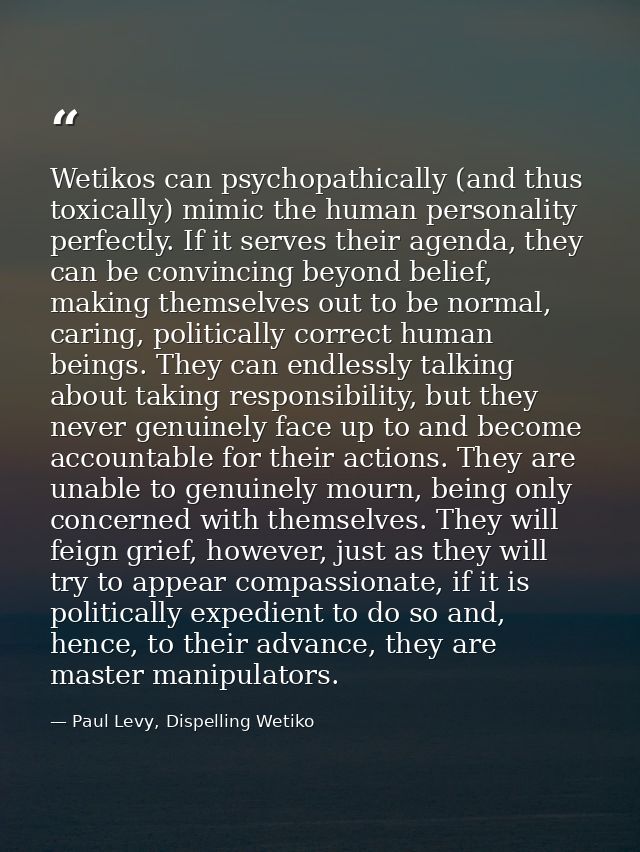 Wetikos can psychopathically (and thus toxically) mimic the human personality perfectly. If it serves their agenda, they — Paul Levy, Dispelling Wetiko