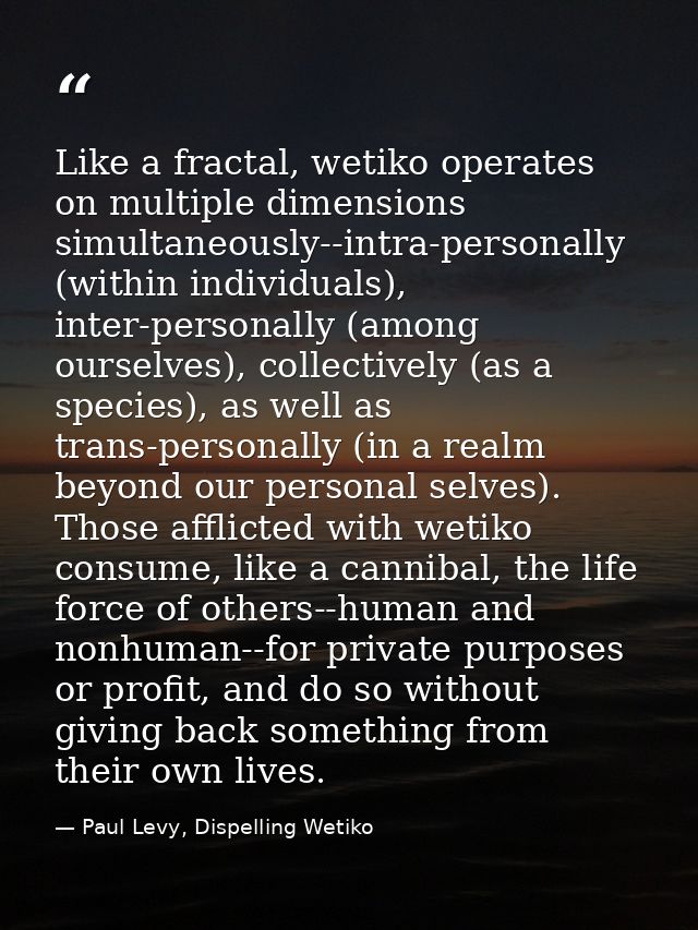Like a fractal, wetiko operates on multiple dimensions simultaneously--intra-personally (within individuals), inter-pers — Paul Levy, Dispelling Wetiko
