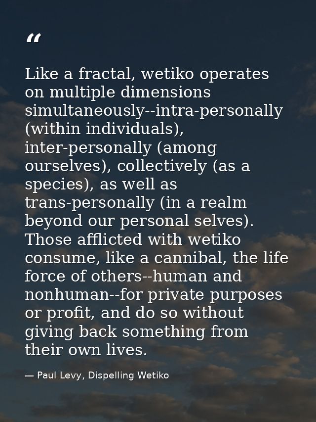 Like a fractal, wetiko operates on multiple dimensions simultaneously--intra-personally (within individuals), inter-pers — Paul Levy, Dispelling Wetiko