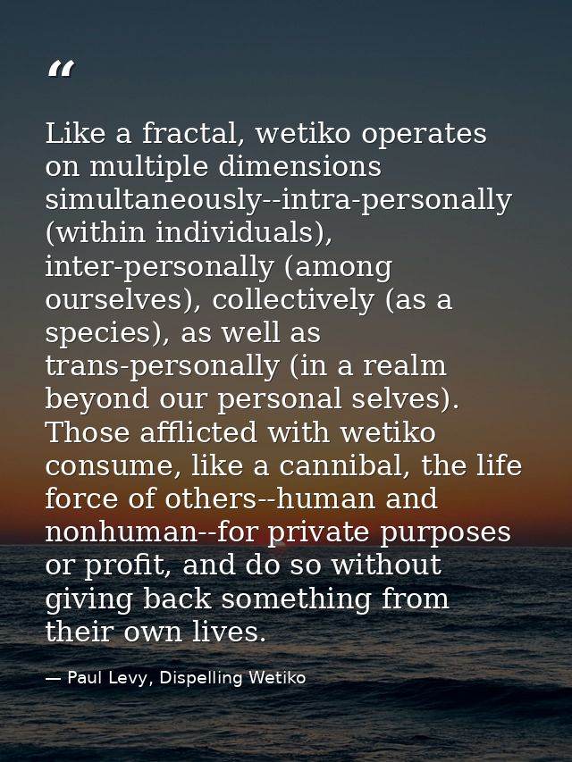 Like a fractal, wetiko operates on multiple dimensions simultaneously--intra-personally (within individuals), inter-pers — Paul Levy, Dispelling Wetiko