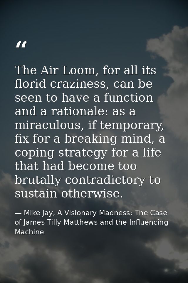 The Air Loom, for all its florid craziness, can be seen to have a function and a rationale: as a miraculous, if temporar — Mike Jay, A Visionary Madness: The Case of James Tilly Matthews and the Influencing Machine