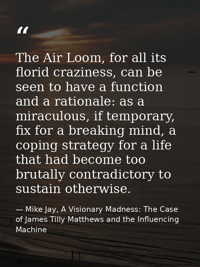 The Air Loom, for all its florid craziness, can be seen to have a function and a rationale: as a miraculous, if temporar — Mike Jay, A Visionary Madness: The Case of James Tilly Matthews and the Influencing Machine