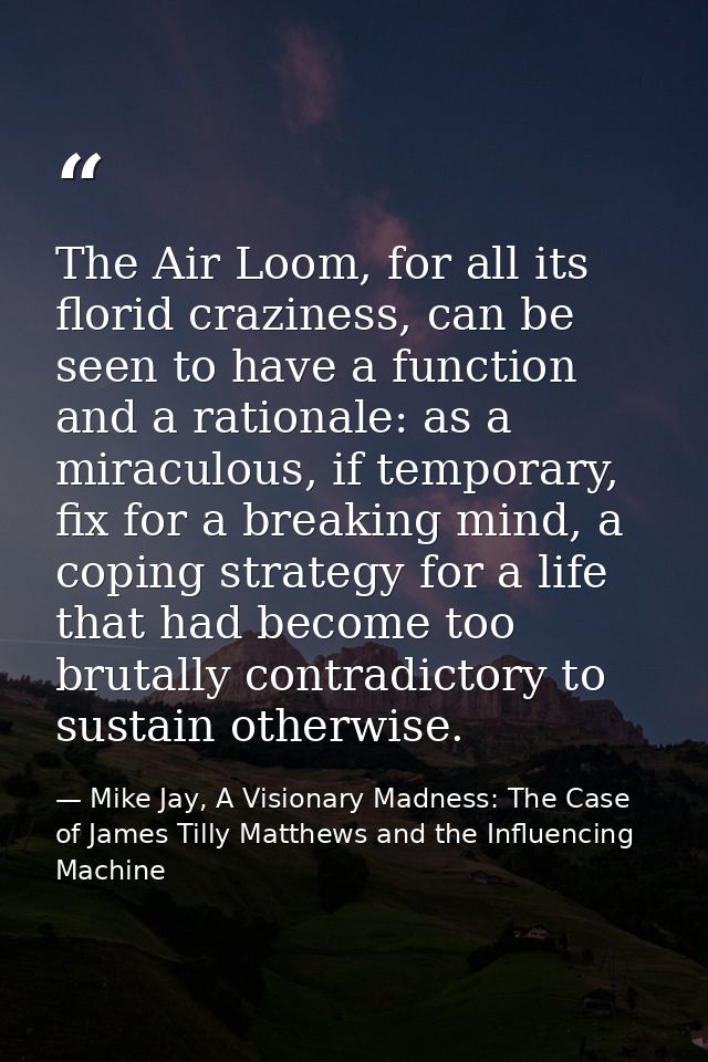 The Air Loom, for all its florid craziness, can be seen to have a function and a rationale: as a miraculous, if temporar — Mike Jay, A Visionary Madness: The Case of James Tilly Matthews and the Influencing Machine