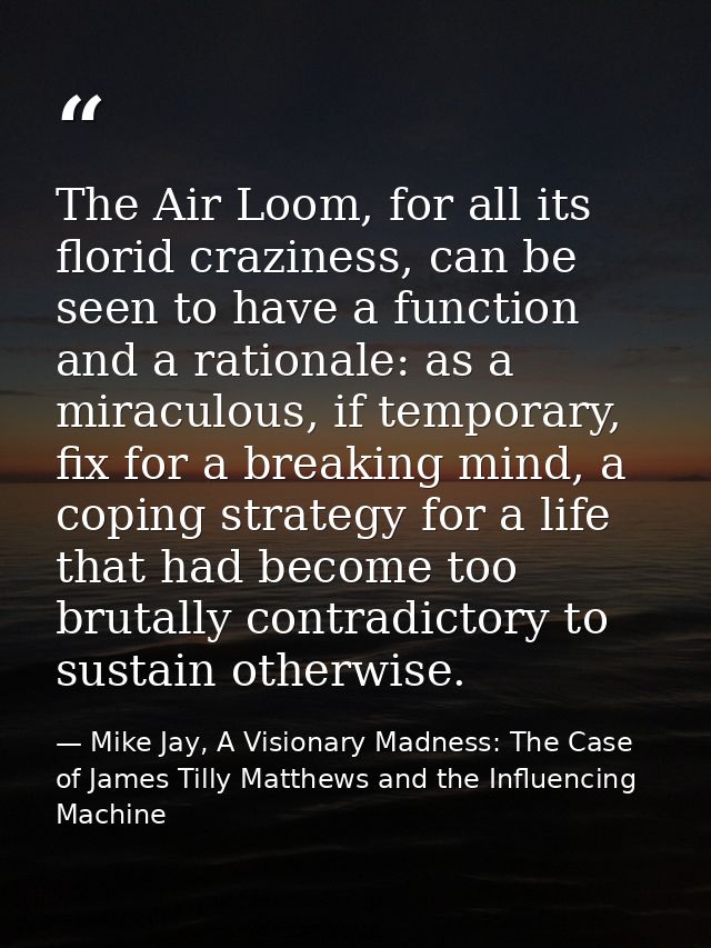 The Air Loom, for all its florid craziness, can be seen to have a function and a rationale: as a miraculous, if temporar — Mike Jay, A Visionary Madness: The Case of James Tilly Matthews and the Influencing Machine
