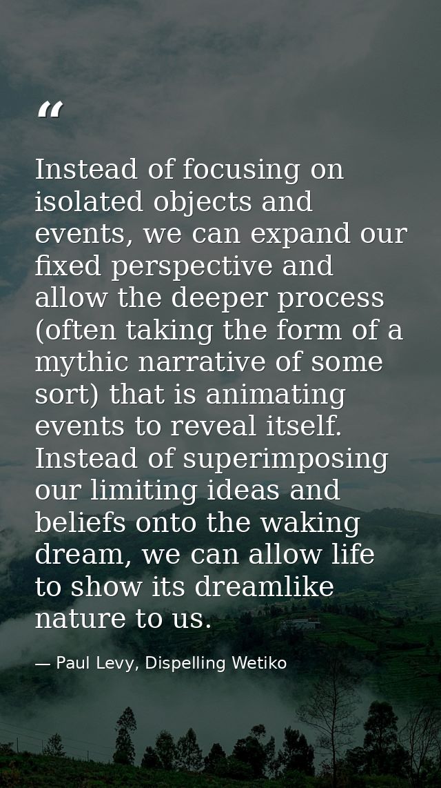 Instead of focusing on isolated objects and events, we can expand our fixed perspective and allow the deeper process (of — Paul Levy, Dispelling Wetiko