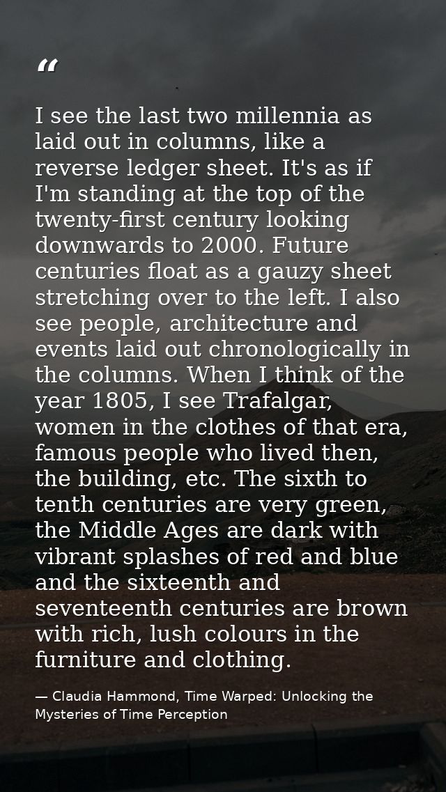 I see the last two millennia as laid out in columns, like a reverse ledger sheet. It's as if I'm standing at the top of  — Claudia Hammond, Time Warped: Unlocking the Mysteries of Time Perception