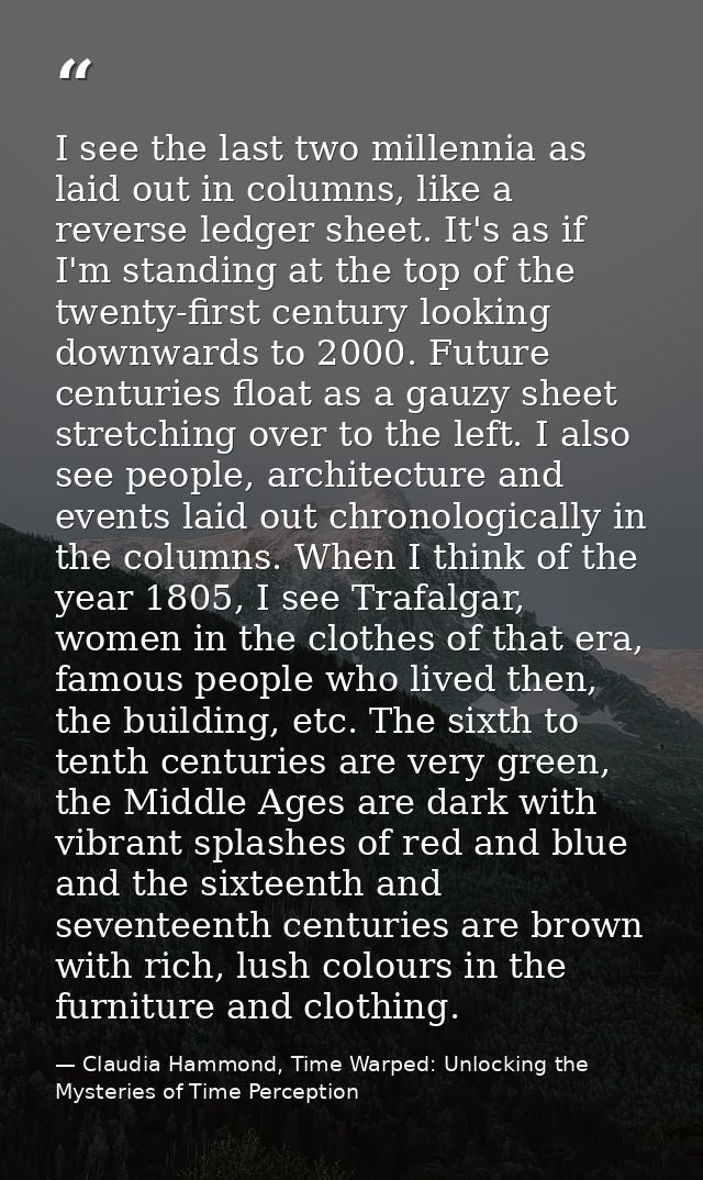 I see the last two millennia as laid out in columns, like a reverse ledger sheet. It's as if I'm standing at the top of  — Claudia Hammond, Time Warped: Unlocking the Mysteries of Time Perception