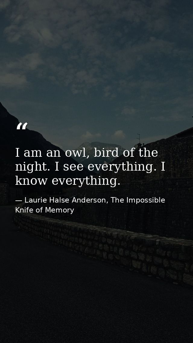 I am an owl, bird of the night. I see everything. I know everything. — Laurie Halse Anderson, The Impossible Knife of Memory