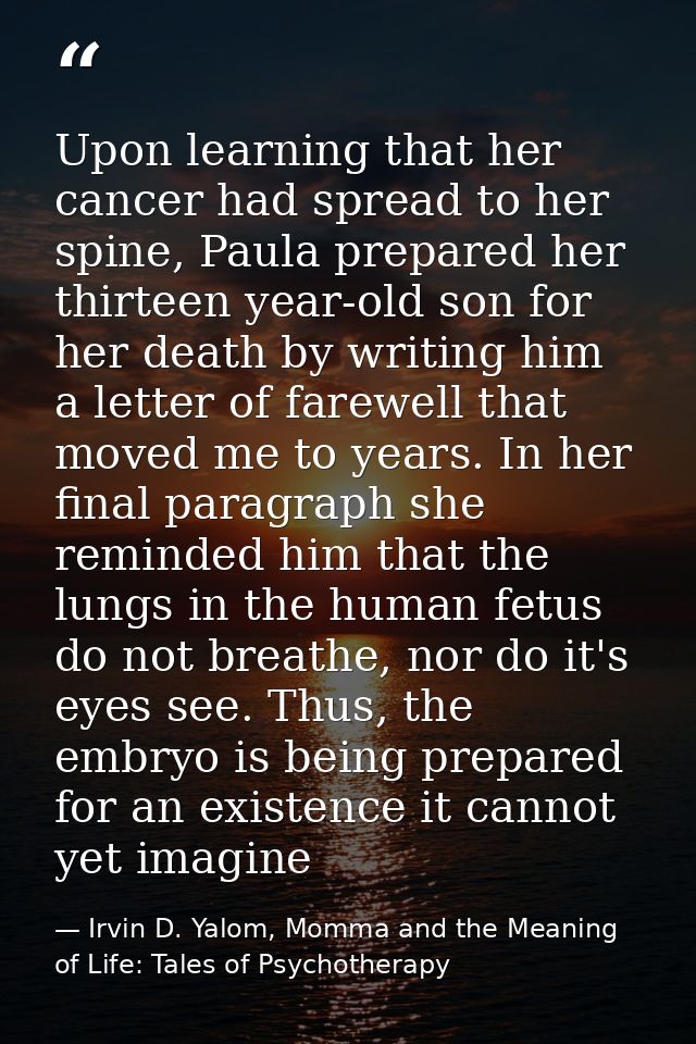 Upon learning that her cancer had spread to her spine, Paula prepared her thirteen year-old son for her death by writing — Irvin D. Yalom, Momma and the Meaning of Life: Tales of Psychotherapy