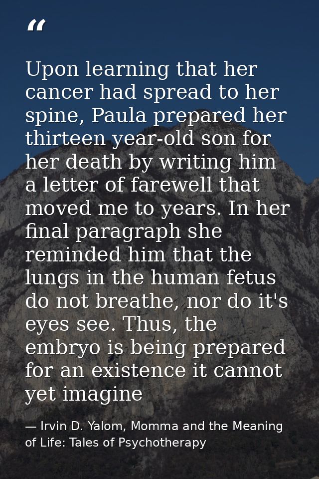 Upon learning that her cancer had spread to her spine, Paula prepared her thirteen year-old son for her death by writing — Irvin D. Yalom, Momma and the Meaning of Life: Tales of Psychotherapy