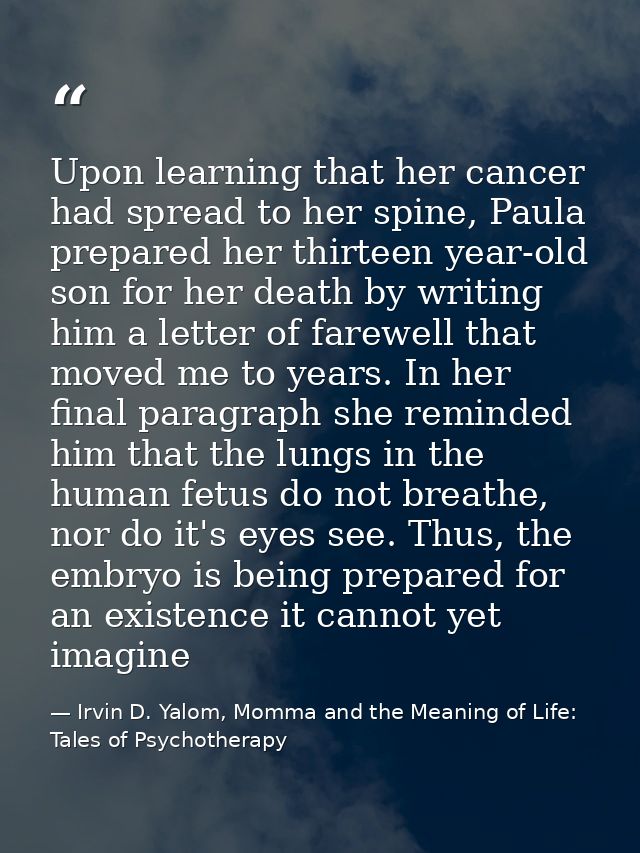 Upon learning that her cancer had spread to her spine, Paula prepared her thirteen year-old son for her death by writing — Irvin D. Yalom, Momma and the Meaning of Life: Tales of Psychotherapy