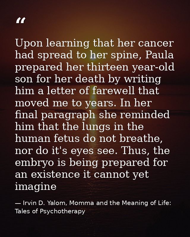 Upon learning that her cancer had spread to her spine, Paula prepared her thirteen year-old son for her death by writing — Irvin D. Yalom, Momma and the Meaning of Life: Tales of Psychotherapy