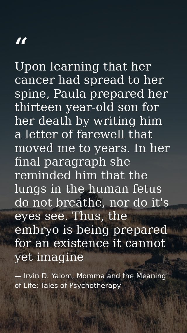 Upon learning that her cancer had spread to her spine, Paula prepared her thirteen year-old son for her death by writing — Irvin D. Yalom, Momma and the Meaning of Life: Tales of Psychotherapy