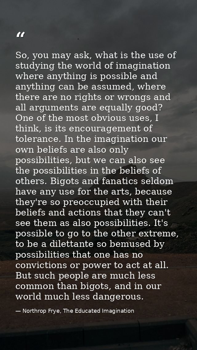 So, you may ask, what is the use of studying the world of imagination where anything is possible and anything can be ass — Northrop Frye, The Educated Imagination