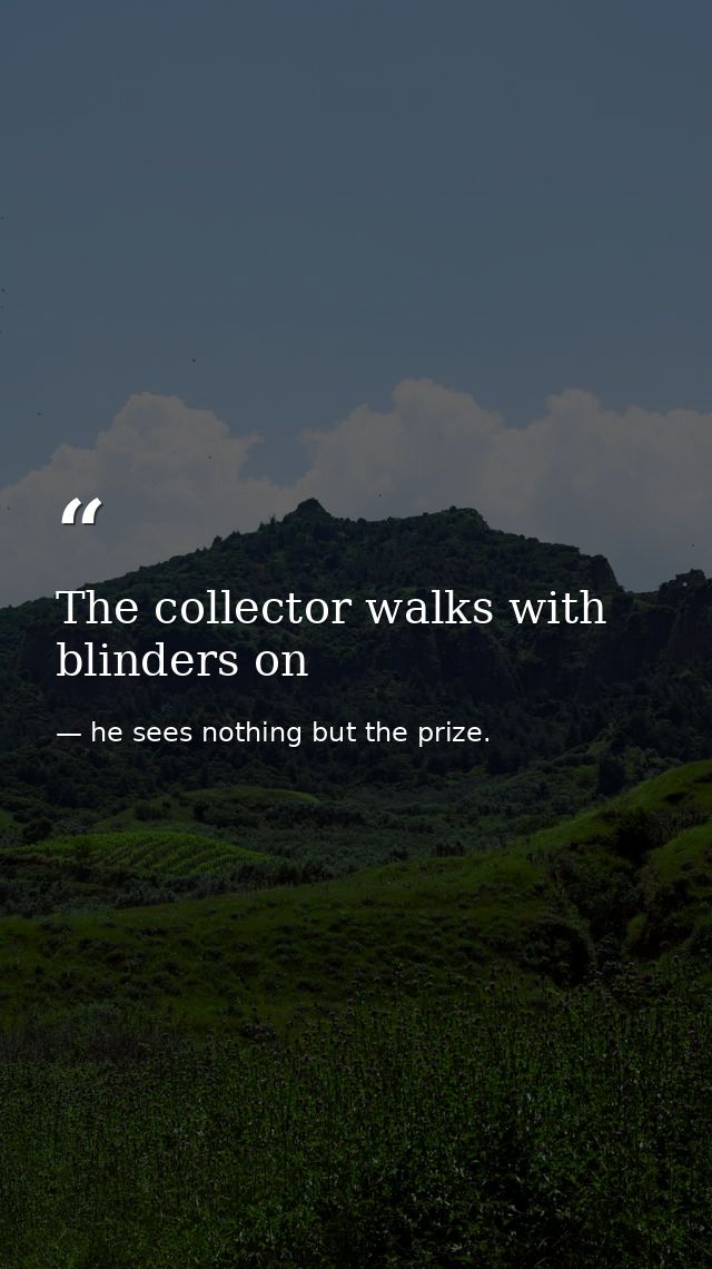 The collector walks with blinders on — he sees nothing but the prize.