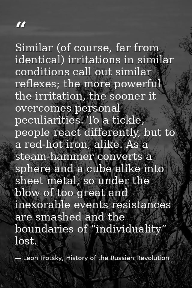Similar (of course, far from identical) irritations in similar conditions call out similar reflexes; the more powerful t — Leon Trotsky, History of the Russian Revolution