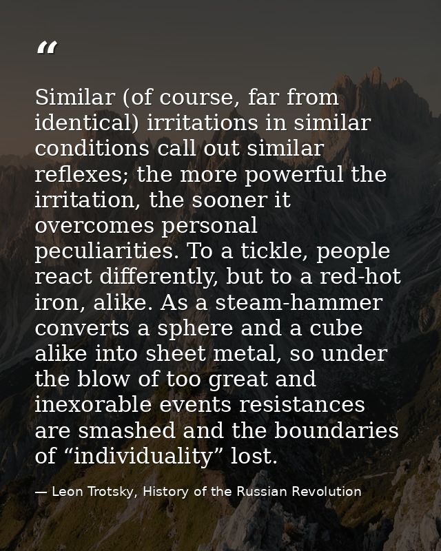 Similar (of course, far from identical) irritations in similar conditions call out similar reflexes; the more powerful t — Leon Trotsky, History of the Russian Revolution