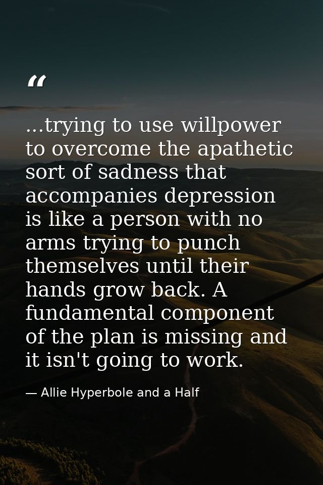 ...trying to use willpower to overcome the apathetic sort of sadness that accompanies depression is like a person with n — Allie Hyperbole and a Half
