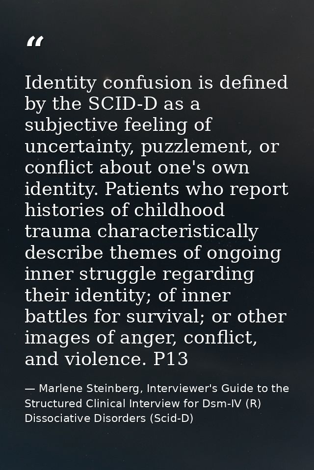 Identity confusion is defined by the SCID-D as a subjective feeling of uncertainty, puzzlement, or conflict about one's  — Marlene Steinberg, Interviewer's Guide to the Structured Clinical Interview for Dsm-IV (R) Dissociative Disorders (Scid-D)