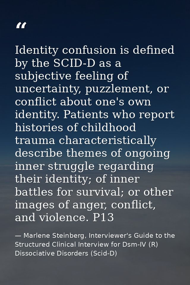 Identity confusion is defined by the SCID-D as a subjective feeling of uncertainty, puzzlement, or conflict about one's  — Marlene Steinberg, Interviewer's Guide to the Structured Clinical Interview for Dsm-IV (R) Dissociative Disorders (Scid-D)