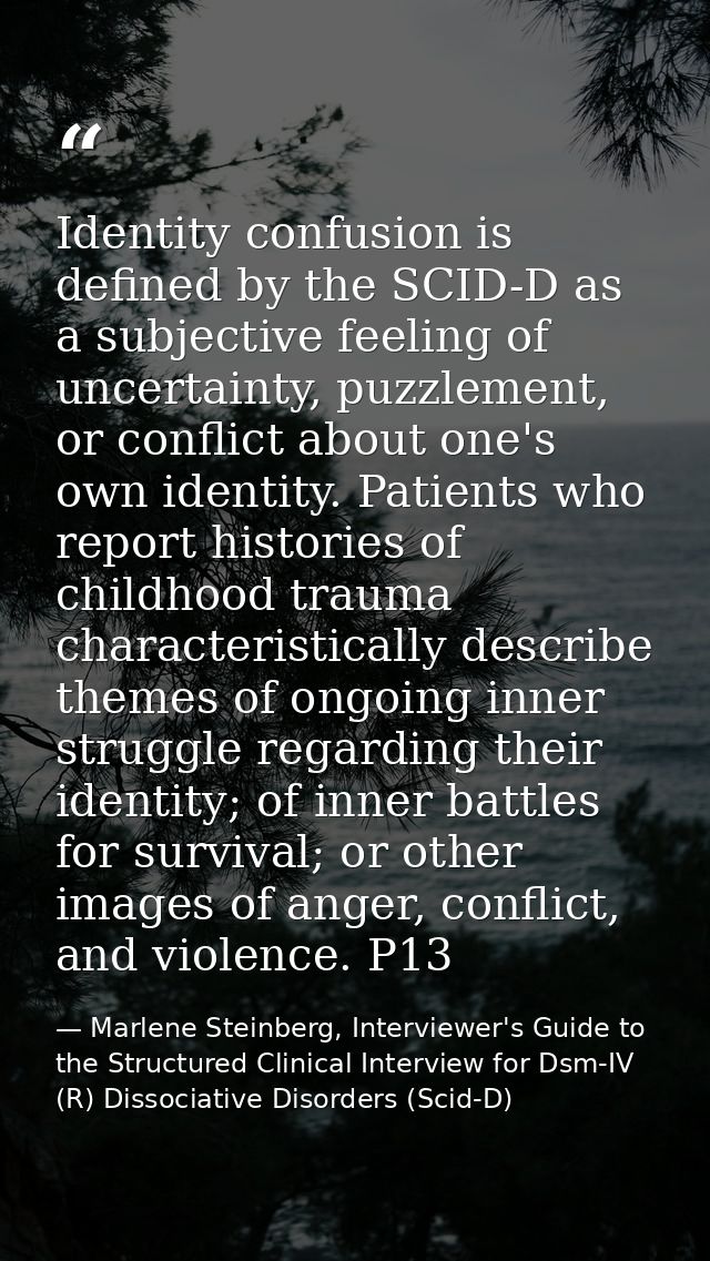 Identity confusion is defined by the SCID-D as a subjective feeling of uncertainty, puzzlement, or conflict about one's  — Marlene Steinberg, Interviewer's Guide to the Structured Clinical Interview for Dsm-IV (R) Dissociative Disorders (Scid-D)