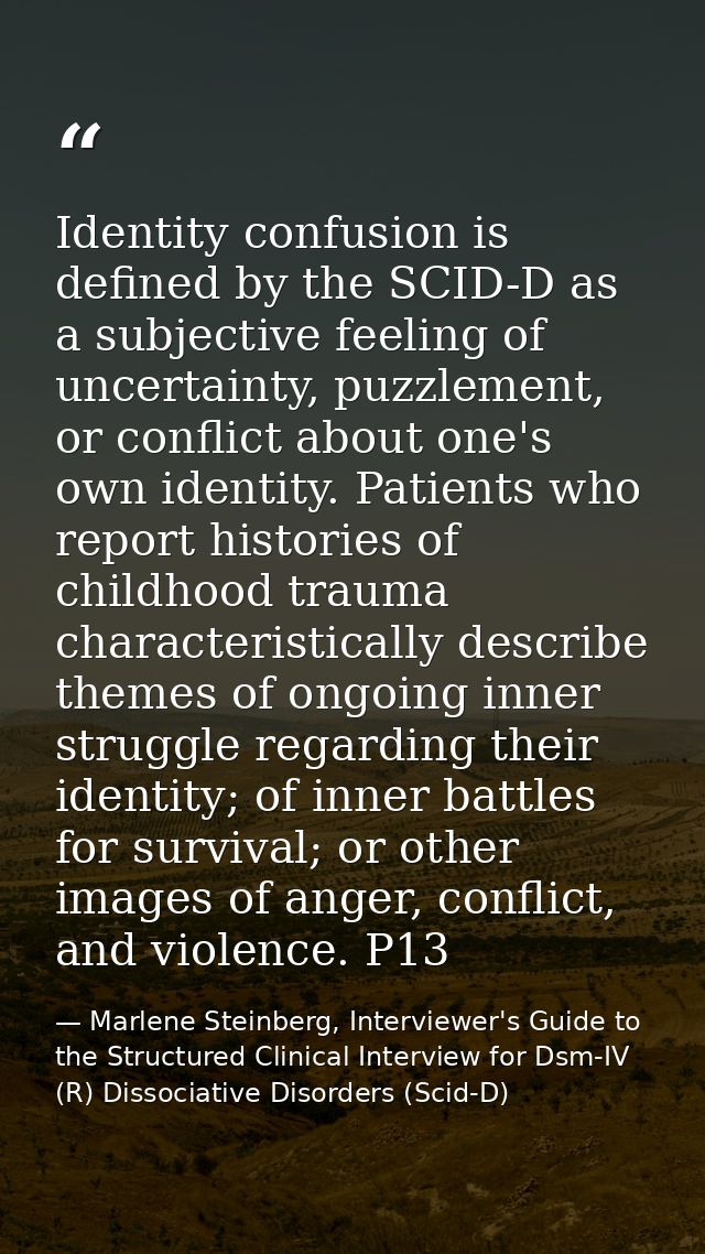 Identity confusion is defined by the SCID-D as a subjective feeling of uncertainty, puzzlement, or conflict about one's  — Marlene Steinberg, Interviewer's Guide to the Structured Clinical Interview for Dsm-IV (R) Dissociative Disorders (Scid-D)