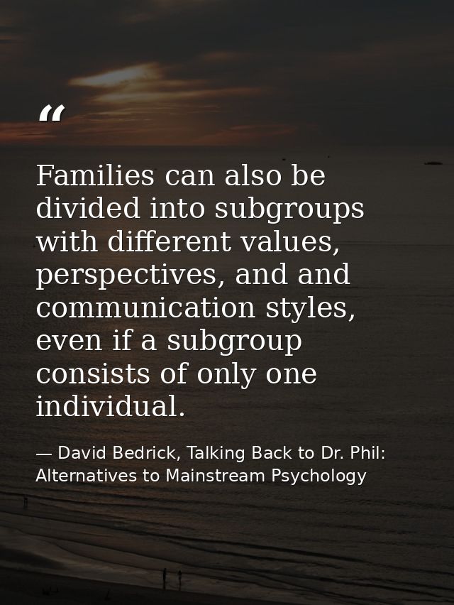 Families can also be divided into subgroups with different values, perspectives, and and communication styles, even if a — David Bedrick, Talking Back to Dr. Phil: Alternatives to Mainstream Psychology