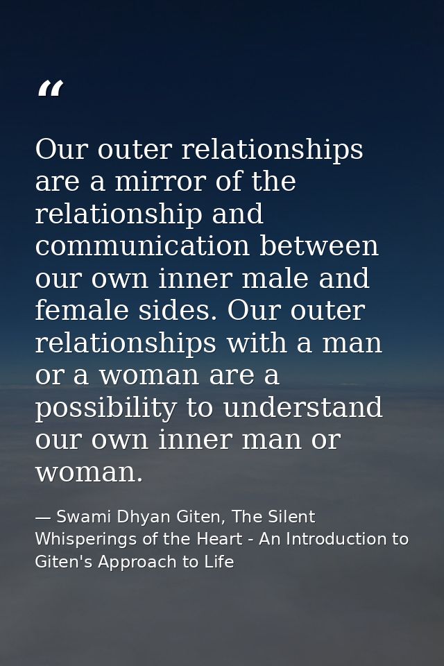 Our outer relationships are a mirror of the relationship and communication between our own inner male and female sides.  — Swami Dhyan Giten, The Silent Whisperings of the Heart - An Introduction to Giten's Approach to Life