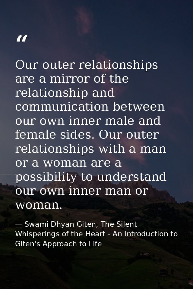 Our outer relationships are a mirror of the relationship and communication between our own inner male and female sides.  — Swami Dhyan Giten, The Silent Whisperings of the Heart - An Introduction to Giten's Approach to Life