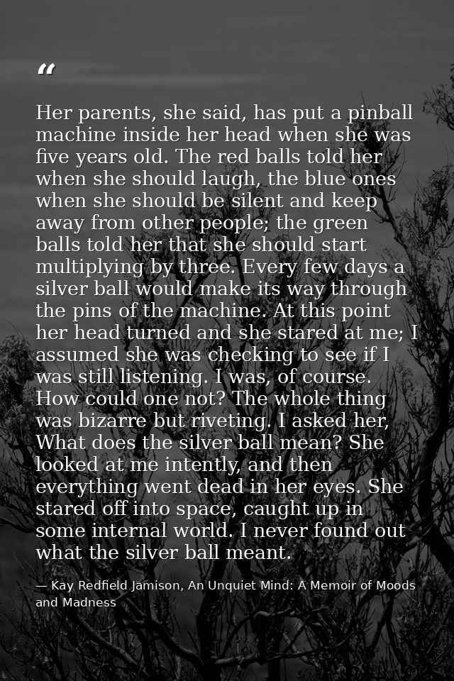 Her parents, she said, has put a pinball machine inside her head when she was five years old. The red balls told her whe — Kay Redfield Jamison, An Unquiet Mind: A Memoir of Moods and Madness