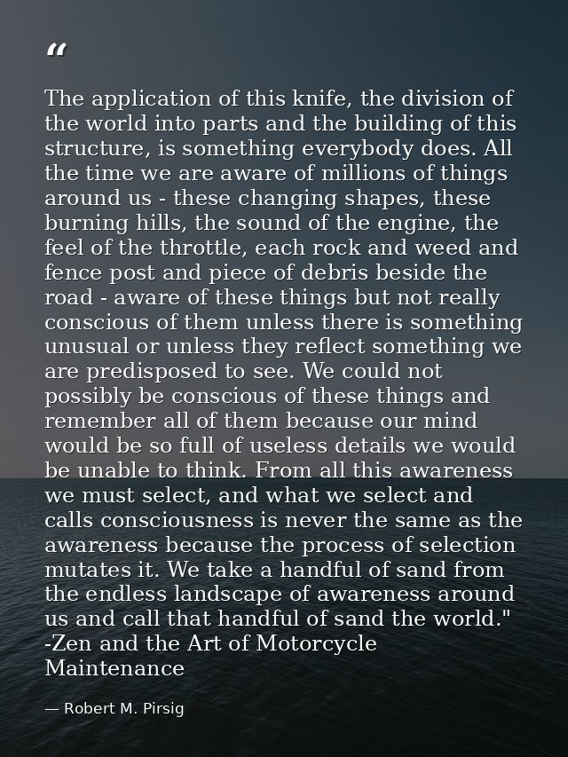 The application of this knife, the division of the world into parts and the building of this structure, is something eve — Robert M. Pirsig