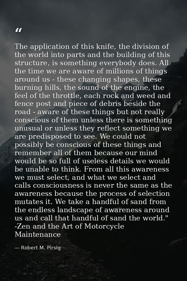 The application of this knife, the division of the world into parts and the building of this structure, is something eve — Robert M. Pirsig