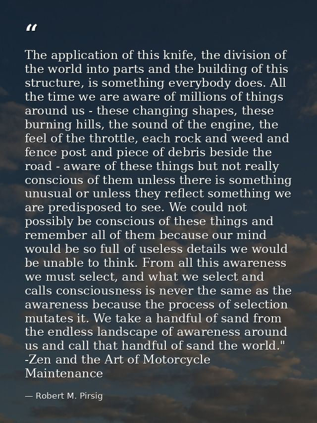 The application of this knife, the division of the world into parts and the building of this structure, is something eve — Robert M. Pirsig