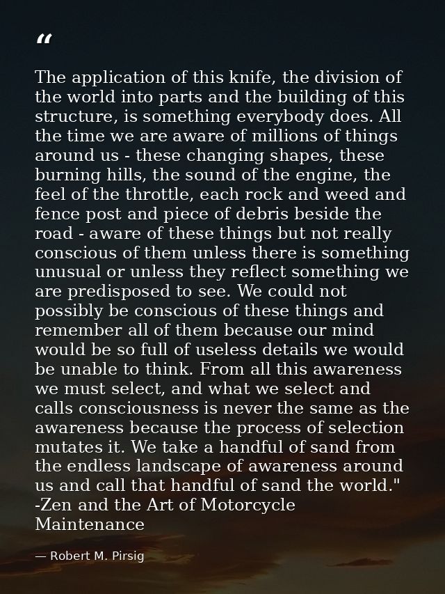 The application of this knife, the division of the world into parts and the building of this structure, is something eve — Robert M. Pirsig