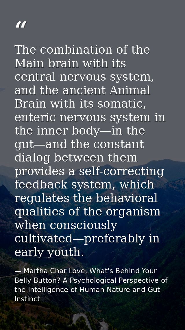 The combination of the Main brain with its central nervous system, and the ancient Animal Brain with its somatic, enteri — Martha Char Love, What's Behind Your Belly Button? A Psychological Perspective of the Intelligence of Human Nature and Gut Instinct